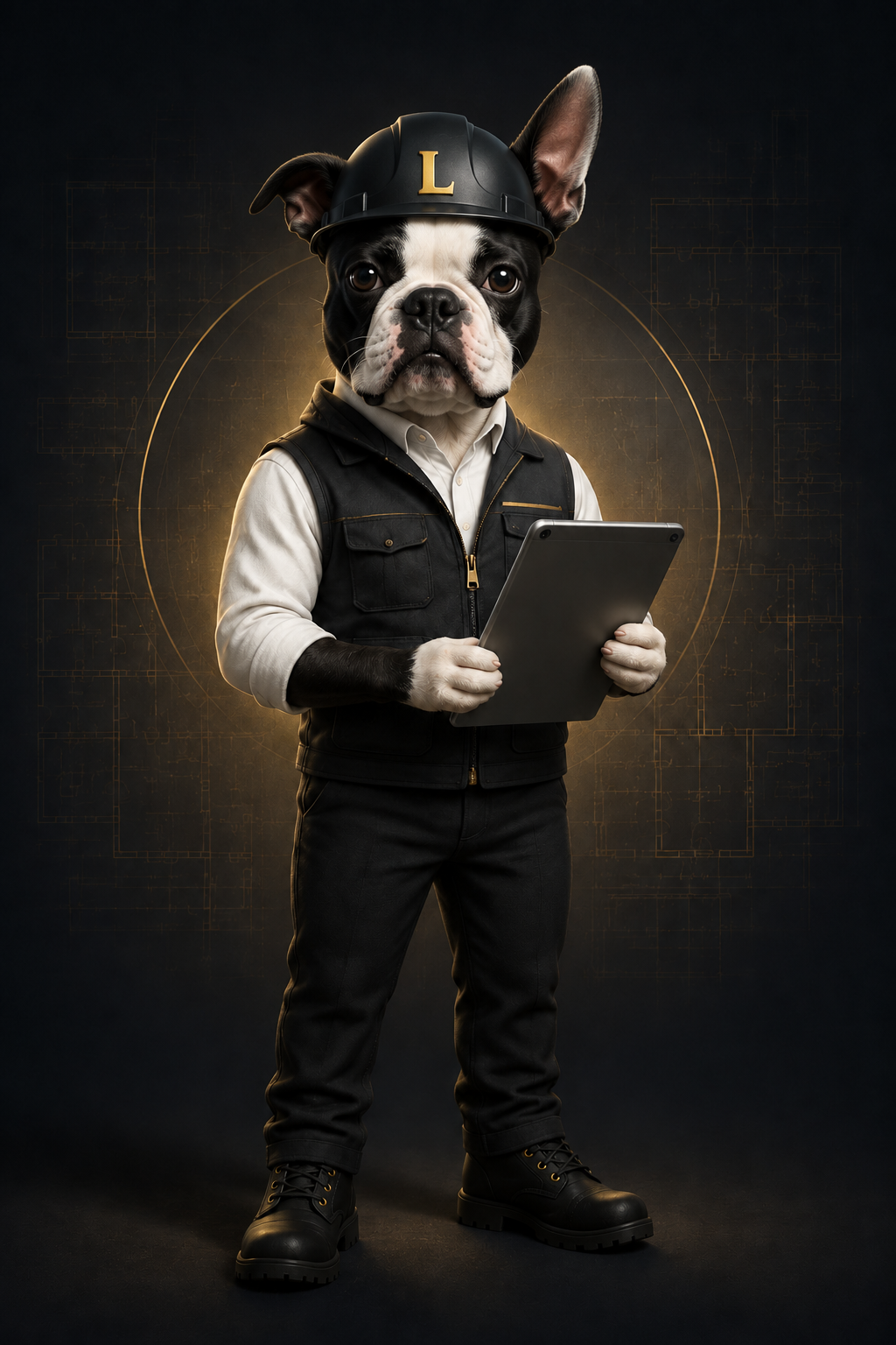 Logan, Ultimate Construction’s black-and-white Boston Terrier guided project mascot